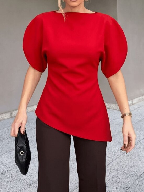 MODA ME COUTURE Tops - Red Casual Women's Short Sleeve Puff Sleeve Blouse with Asymmetric Hem
